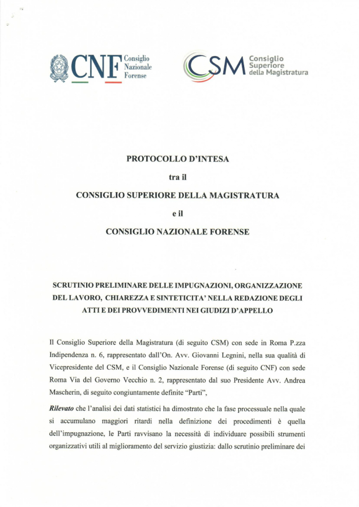 Protocollo d’intesa per la redazione di atti nei giudizi di appello